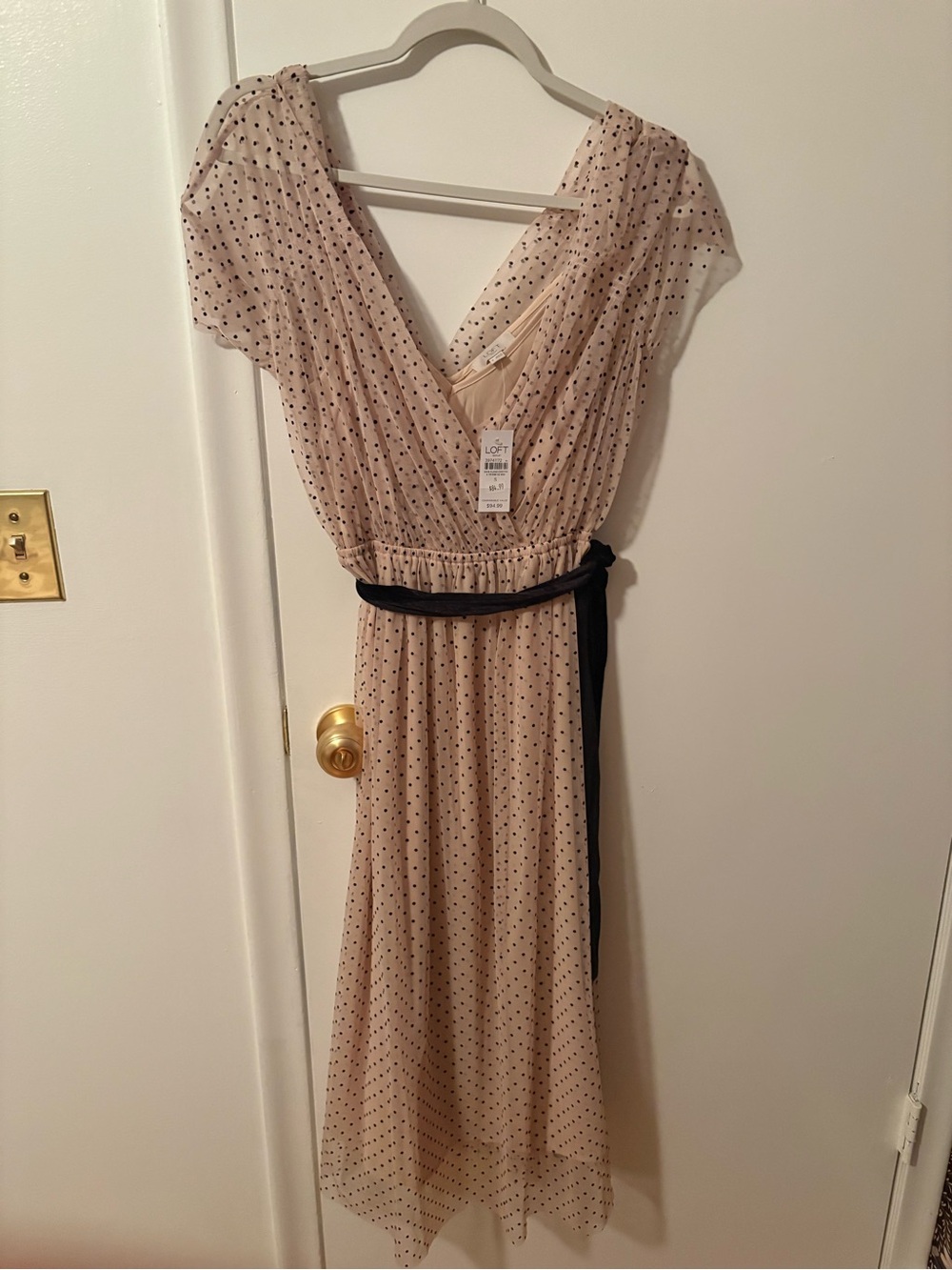 LOFT Blush Polka Dot Wrap Midi Dress with Black Sash